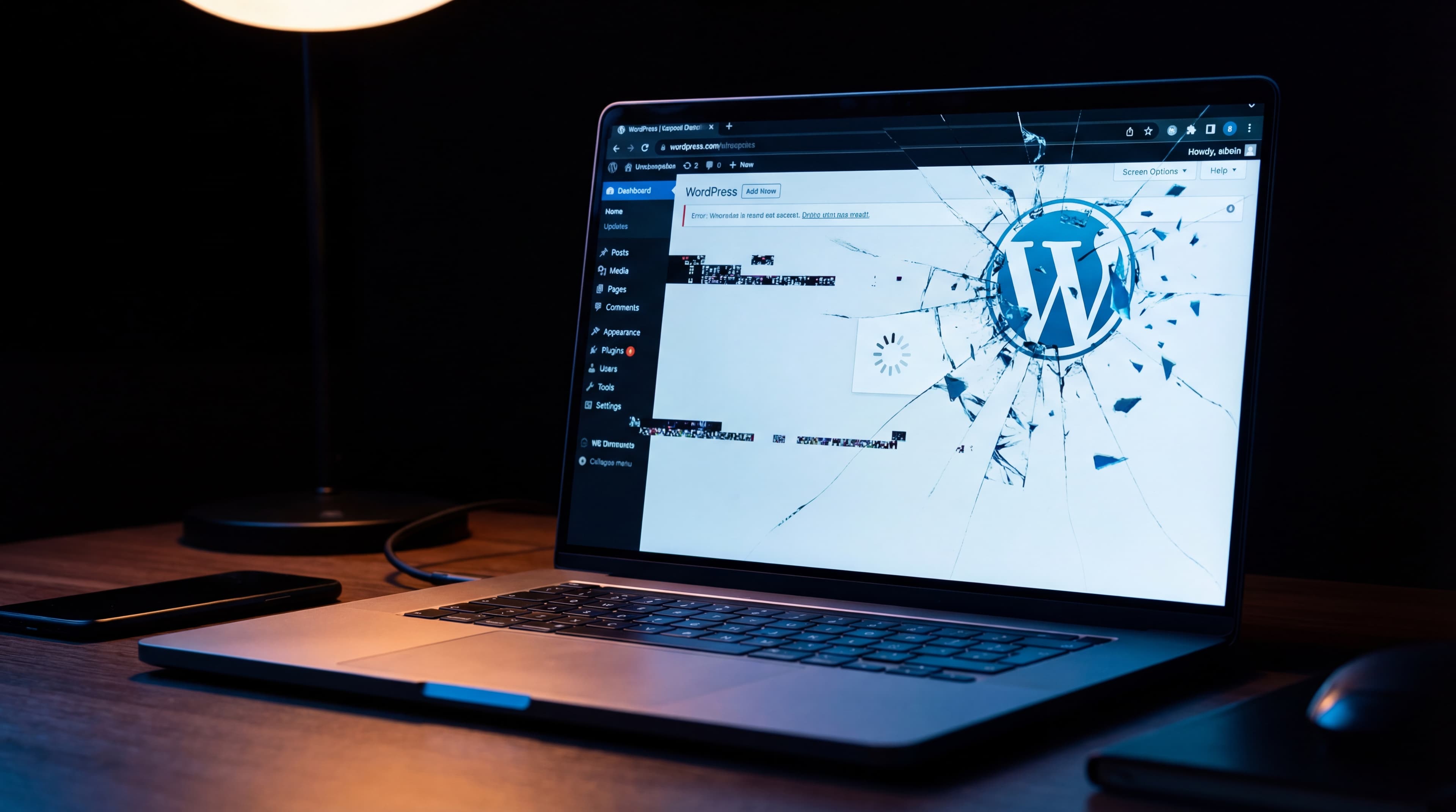 Rozbitý WordPress dashboard na laptopum — problémy WordPressu